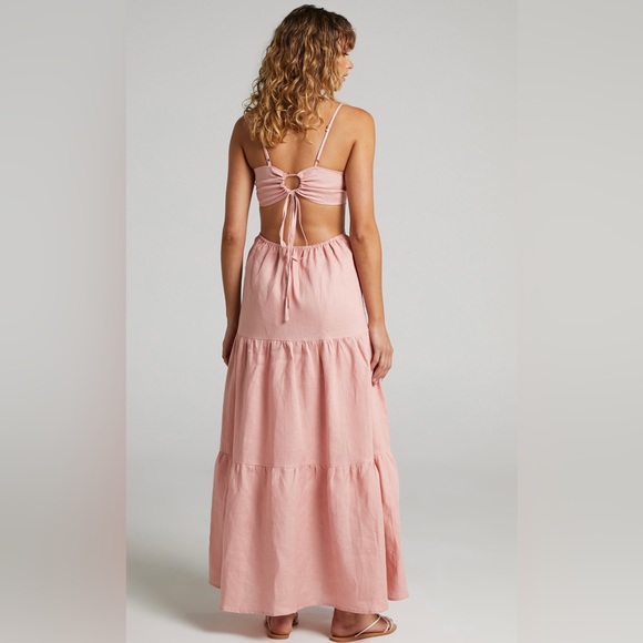 AMALIE THE LABEL - ROZELLE LINEN CUT OUT TIE BACK MAXI DRESS IN DUSTY PINK - Picture 2 of 6